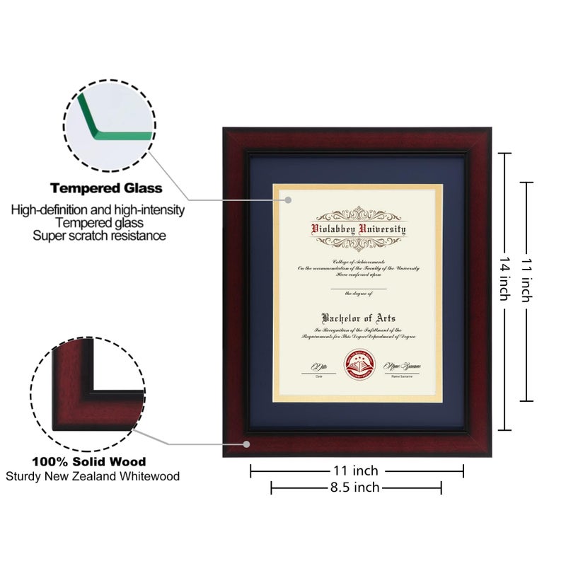 VIOLABBEY 11x14 Diploma Frame with Double Mat for 8.5x11 Documents&Certificates, Smooth Cherry Wood Grain Finish, Wall Mounting&Tabletop Display, Tempered Glass, Blue Mat with Gold Rim - Image 2